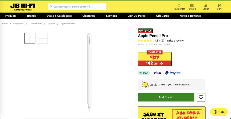 JB Hi-Fi: Apple Pencil Pro – $177